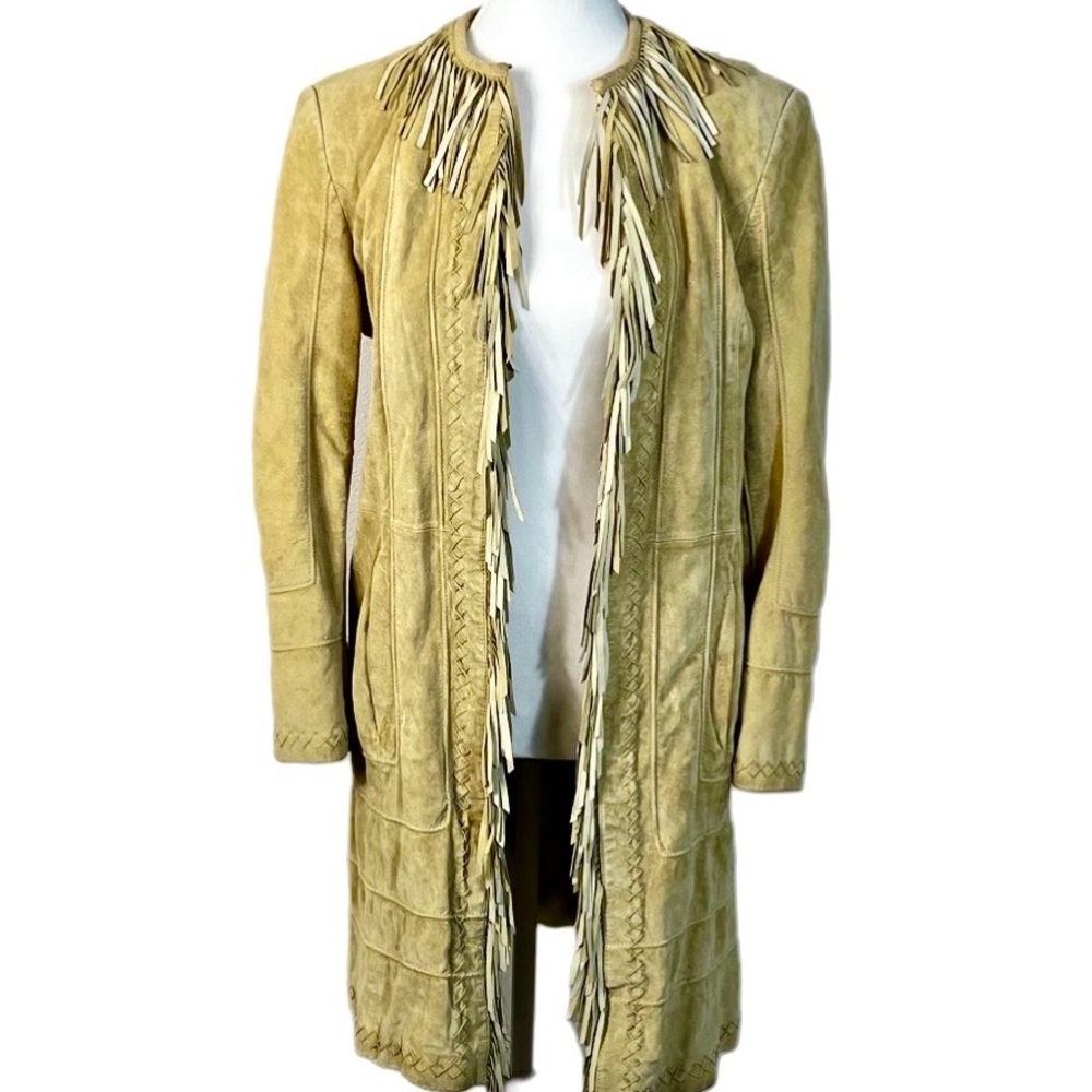 Pamela McCoy Tan Fringe Suede Duster Coat Size XS Vintage Western Cowgirl Boho